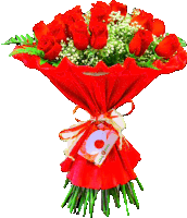 a bouquet of red roses and baby 's breath wrapped in red paper with a tag that says terra