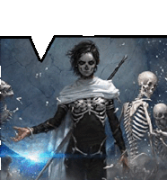 a woman in a skeleton costume is standing next to a skeleton with a sword .