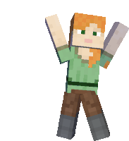 a minecraft character with a green shirt and brown pants is holding a sword