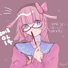 a drawing of a girl with glasses and a pink bow on her head .