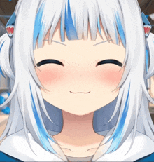 a close up of a anime girl with white hair and blue highlights