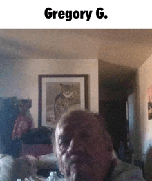 a picture of gregory g. in a living room with a picture of a cat on the wall