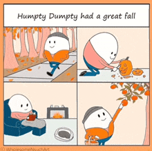 a cartoon of humpty dumpty has a great fall in the background