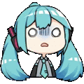 hatsune miku is wearing a tie and headphones and has a surprised look on her face .