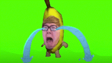 a man dressed as a banana is crying with tears coming out of his eyes