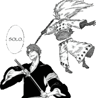 a black and white drawing of a man holding a sword with a speech bubble saying solo