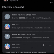 a screenshot of a conversation between public relations office and a person