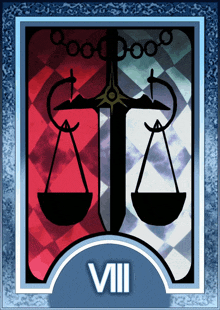 a tarot card with a scales of justice and the number viii