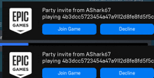 a screenshot of an epic games app with a join game and decline button
