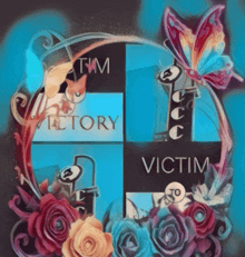 a painting of a cat and flowers with the words victim and victory