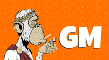 a monkey with a laurel wreath on his head is smoking a cigarette with the word gm below him