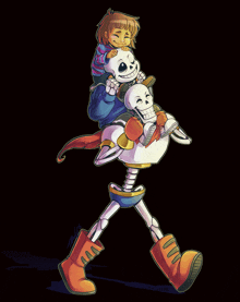 a cartoon drawing of a girl riding on the back of a skeleton named papyrus