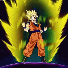 a cartoon character from dragon ball z is standing on a purple surface surrounded by yellow light .