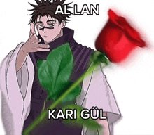 a drawing of a man holding a red rose with the name allan written on it