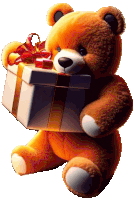 a teddy bear is holding a gift box with a bow