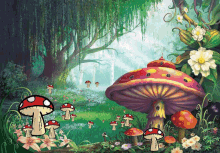 a painting of mushrooms in a forest with a ladybug house in the middle