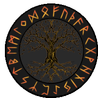 a tree in the middle of a circle with runic writing around it