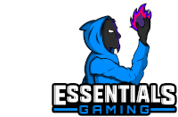 a logo for essentials gaming shows a person in a blue hoodie holding a fireball