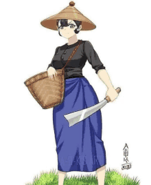 a woman wearing a hat and a blue skirt is holding a large knife .