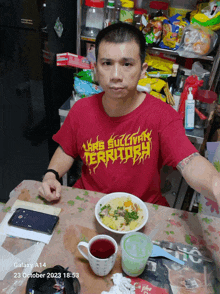 a man wearing a red shirt that says " lake sullivan territory "