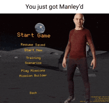 a man in a red shirt is standing in front of a start game menu