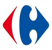 a blue carrefour logo with a red and white arrow