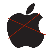 a black apple with a red line crossed through it