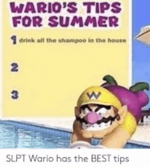 wario 's tips for summer 1 drink all the shampoo in the house 2 2 3 slpt wario has the best tips