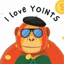 a monkey wearing sunglasses and a beret with the words i love yoints