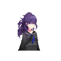 a girl with purple hair and a blue scarf