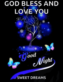 a good night message with a tree and butterflies