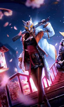 a woman in a fox mask is holding a sword in her right hand