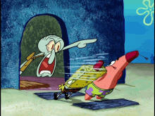 squidward and patrick from spongebob squarepants are fighting each other