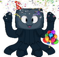 a black octopus wearing a party hat and holding balloons