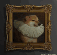 a framed painting of a dog wearing a ruffled collar