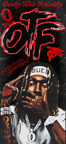 a poster with a man wearing a headband that says guco on it