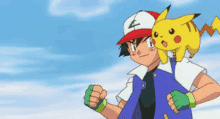 ash ketchum is holding a pikachu on his shoulders .