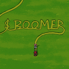 a cartoon of a person mowing a lawn with the word boomer written on it