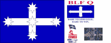 a blue and white flag that says blfq on the top