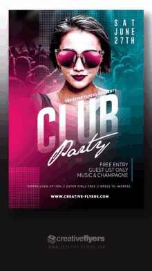 a flyer for a club party with a girl wearing sunglasses