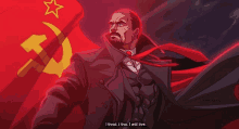 a man in a suit and tie stands in front of a red flag with a star and hammer and sickle on it