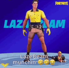 a man in a yellow shirt and shorts is standing in front of a fortnite logo