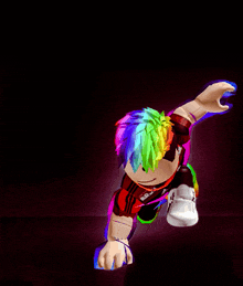 a cartoon character with rainbow hair and a red shirt that says ' x ' on it