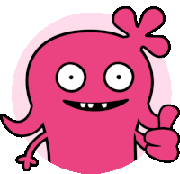 a pink cartoon character giving a thumbs up sign