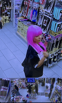 a woman in a pink wig is standing in front of a display of corio hair extensions