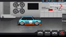 a pixel art drawing of a car in a garage with a bicycle hanging on the wall