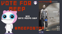 a poster asking people to vote for meep with a picture of meep next to it