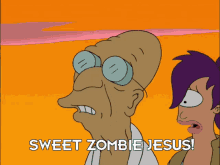 a cartoon character says sweet zombie jesus next to a woman