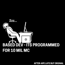 a poster that says zzz based dev its programmed for 10 mil mc on it