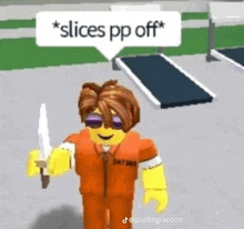 a roblox character is holding a knife and wearing sunglasses .